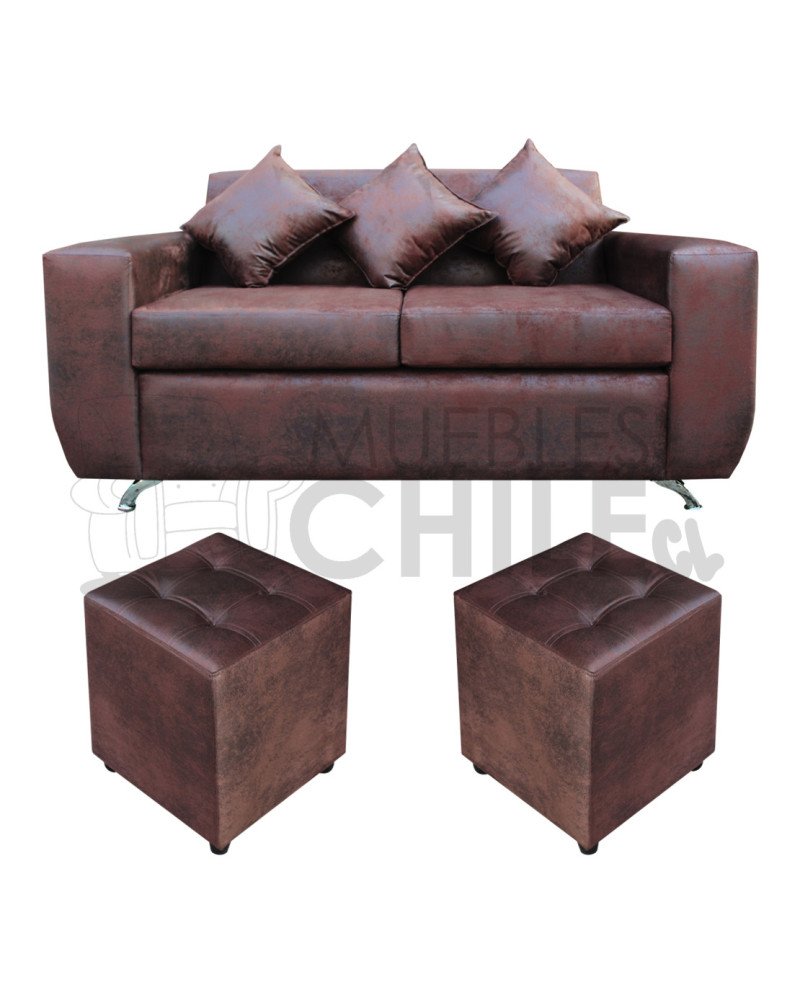 Sofá Espacio 2 Cuerpos con 2 Pouf Cuero Bonded – Sofá Moderno y Resistente para Living