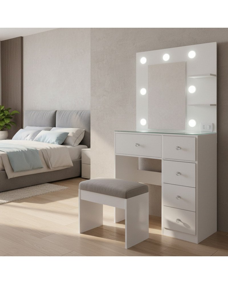 Tocador Blanco con Luz LED 75x42x162 cm – Melamina con Cajones Reforzados